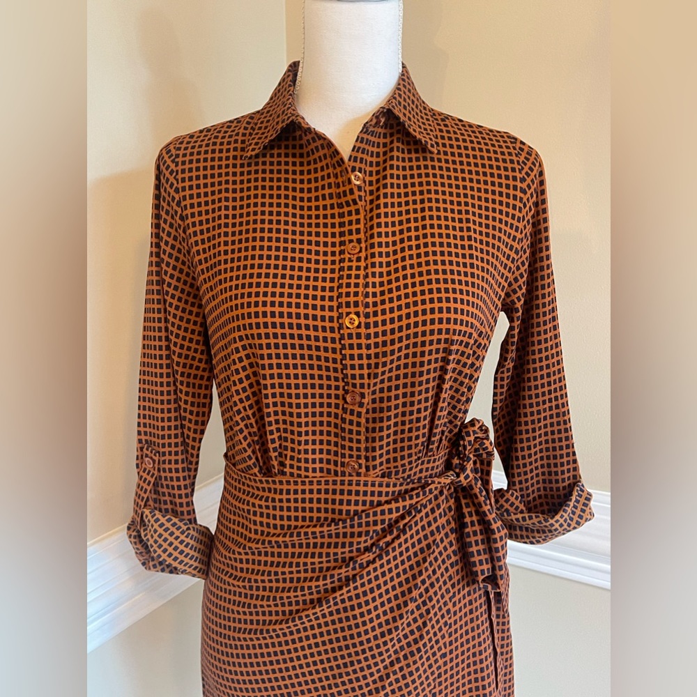 Blu Pepper Faux Wrap Shirt, Size Small, Button Down, Orange & Navy Window Pane